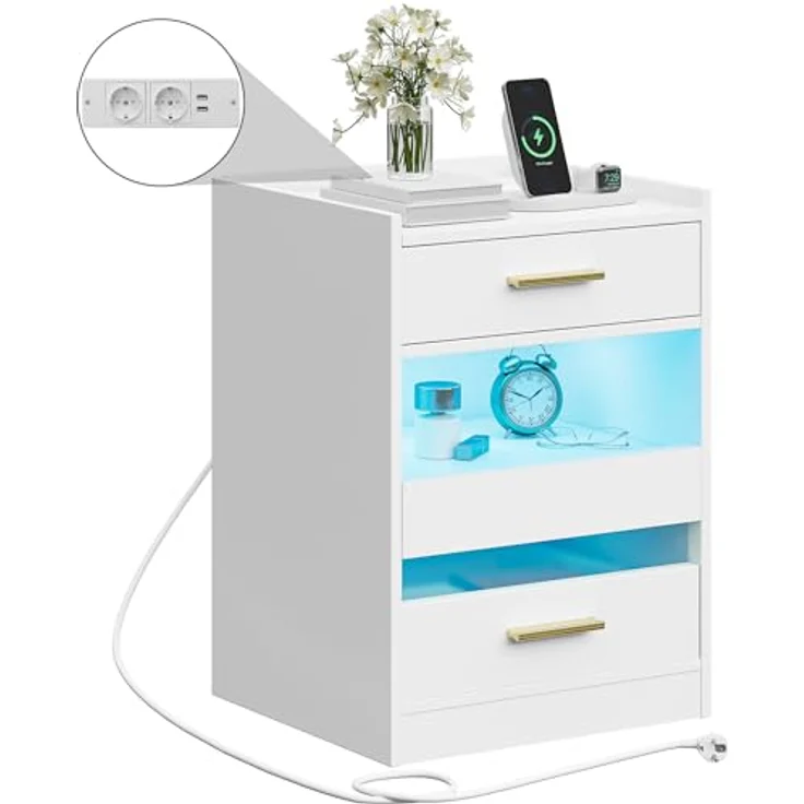YITAHOME Nachttisch, Beistelltisch mit LED-Lichtern und Ladestation, Nachttischschrank Nachttisch mit Aufbewahrungsschubladen für Wohnzimmer Schlafzimmer, 40 x 40 x 60 cm, Weiß – Bild 5