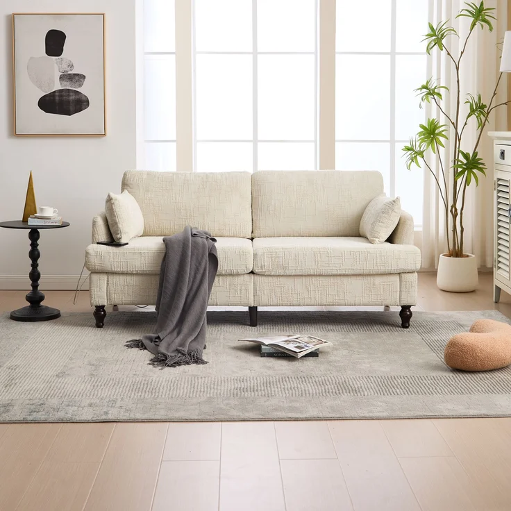 2-sitziges Chenille-Sofa mit USB-Ladeanschluss, LED-Licht und Aufbewahrungstasche in Beige – Bild 2