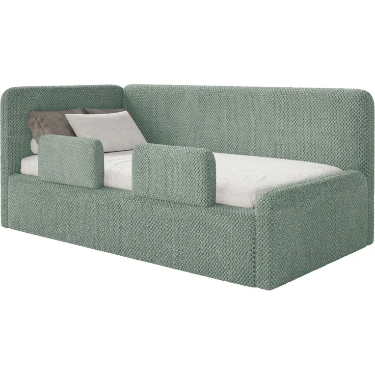 Selsey 'Fanko' Kinderbett 90x200 cm mit Rausfallschutz, Matratze, Kopfteil links, Plüsch, Salbeigrün