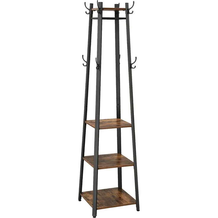 Vasagle Garderobenständer 3 Ablagen und Haken, Holz Vintagebraun/Schwarz, 43 x 43 x 180 cm