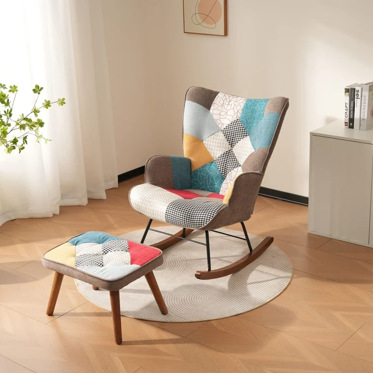 Patchwork Schaukelstuhl mit Fußhocker-Set, 88,5x69,5x50 cm & 28x50x39,5 cm, bunt – Bild 3