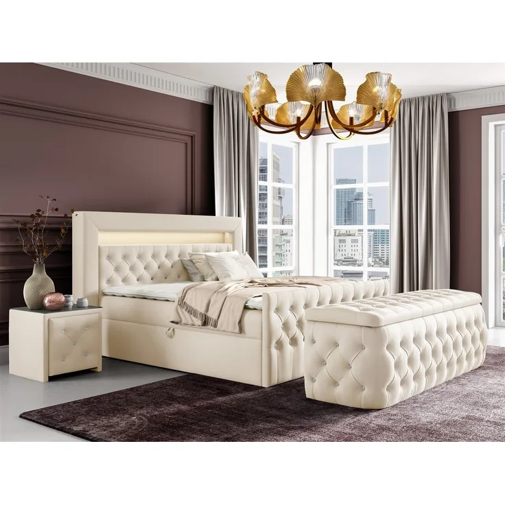 Boxspringbett Schlafzimmerbett SEVRA Nr. 4 180x200cm in Elisa Velvet Cremeweiss