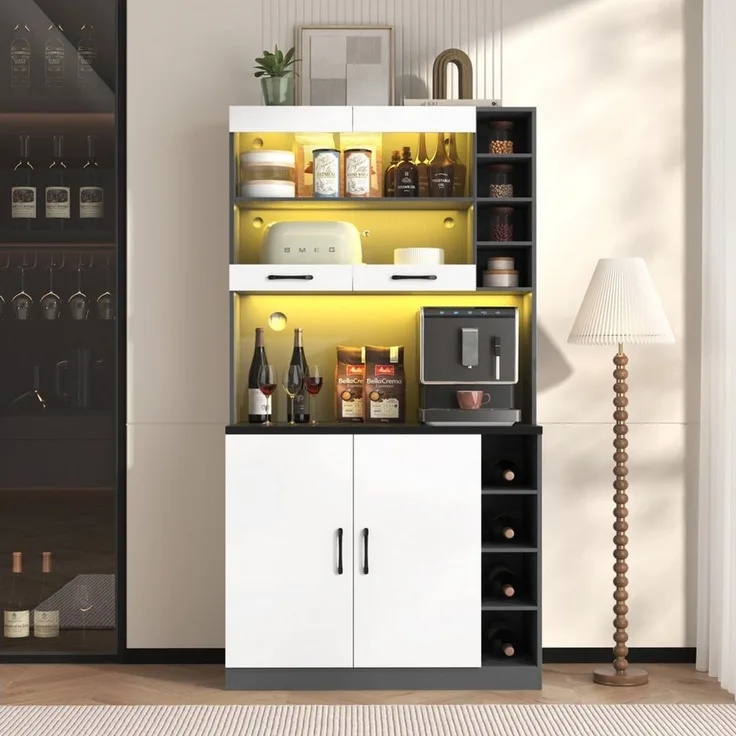 Flieks Hochschrank KüchenBuffet (100x47x187 cm, 1-St, höhenverstellbare seitliche Ablagefächer) Küchenschrank mit LED-Beleuchtung Bücherschrank Highboard