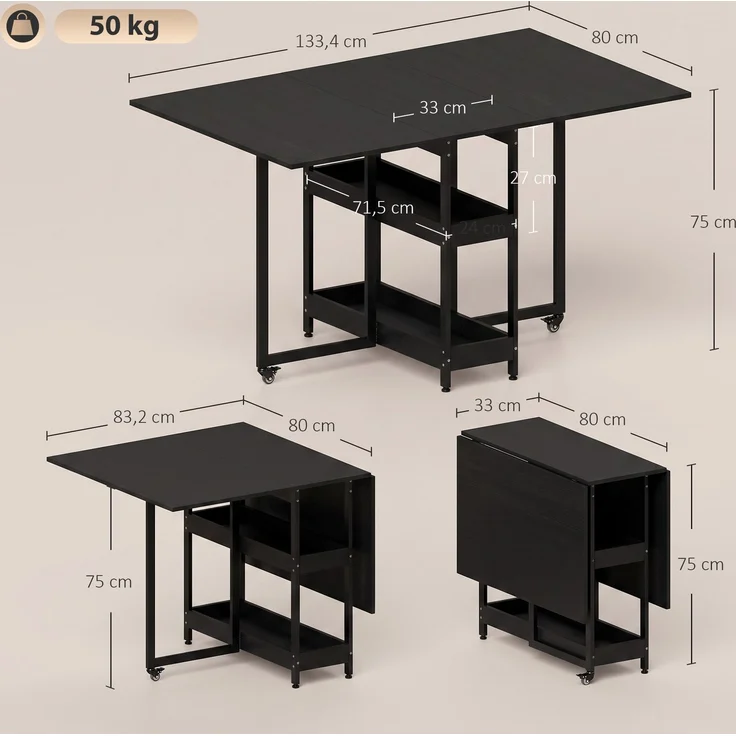 HOMCOM Klappbarer Esstisch, Spanplatte, Schwarz, 133,4 x 80 x 75 cm – Bild 3