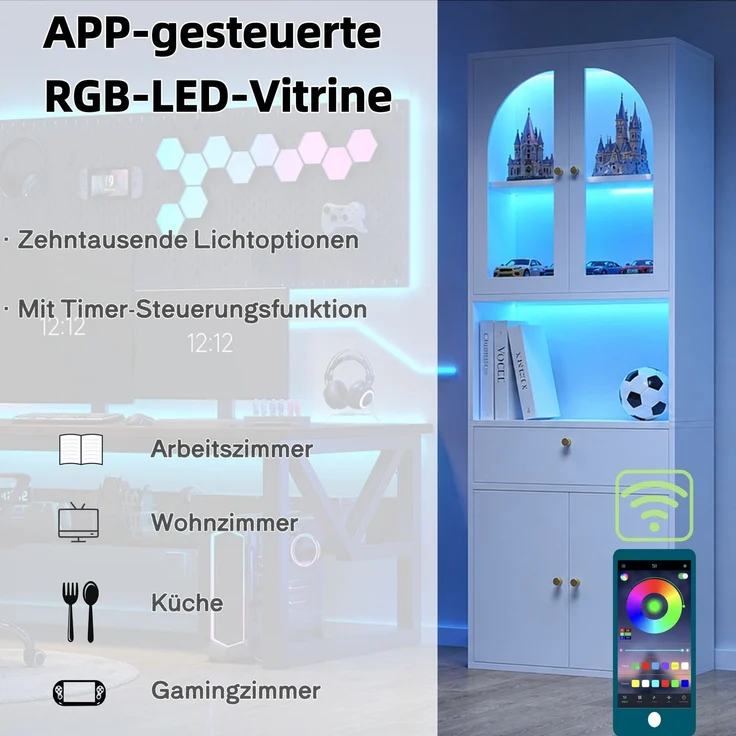 Vitrinenschrank 70x35x180 cm mit Glas, Schublade und RGB-LED, Weiß – Bild 8