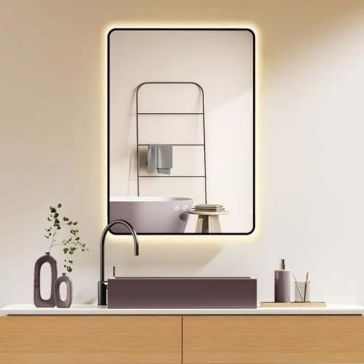 HOKO Antibeschlag LED Badspiegel Kalifornien 50x70 cm/70x50 cm mit schwarzem Metallrahmen, Touch Sensor und stufenlosem Lichtwechsel 2700-6500K