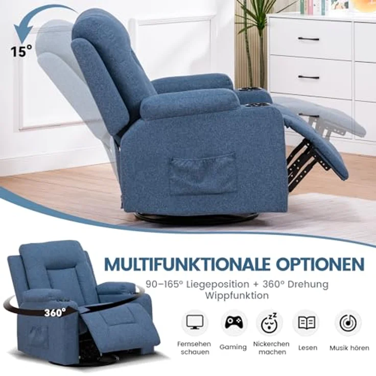 COMHOMA Relaxsessel Relaxsessel TV-Sessel aus Stoff mit Liegefunktion Fernsehsessel, 360° Drehung, wippbar mit Relaxfunktion – Bild 6