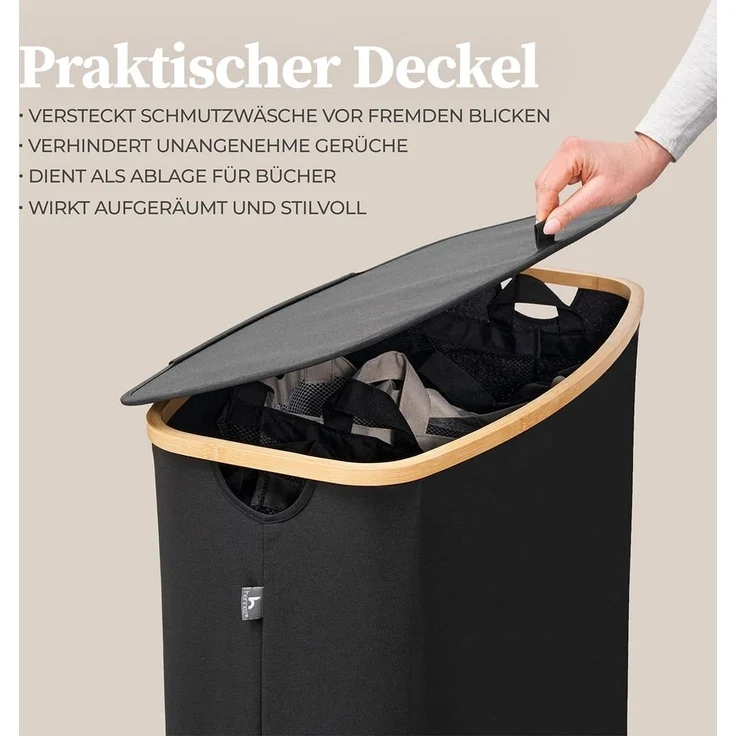 HENNEZ Wäschekorb Wäschebox 150L - Wäschekorb 3 Fächer mit Deckel, Wäschesortierer mit Wäschesack, schwarz Bambus – Bild 6