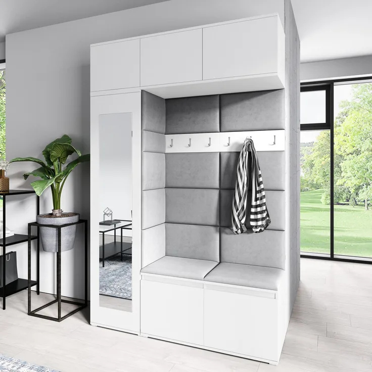 Jerpax Garderoben-Set MIKA Kleiderschrank mit Polsterplatten Schuhschrank Schrankaufsatz und Hängeschrank Ideal für Flur und Eingangsbereich, Weiß, 225 x 40 x 145 cm