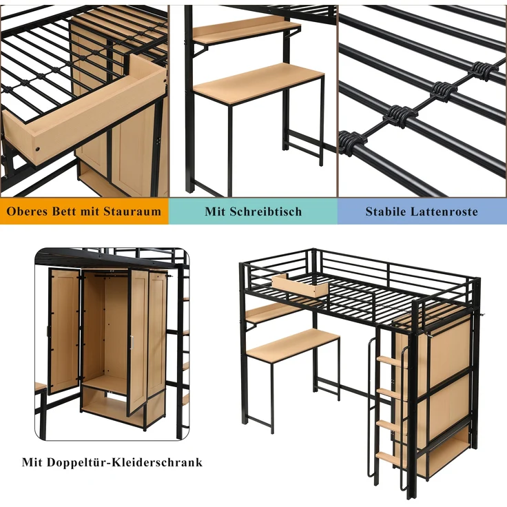 Eisenbett, Hochbett Doppeltür-Kleiderschrank Treppe mit Handläufen Schreibtisch und Aufbewahrungsregal oberes Bett mit Ablagefächern, Eisen+MDF, Schwarz+Natur, 90x200cm – Bild 3