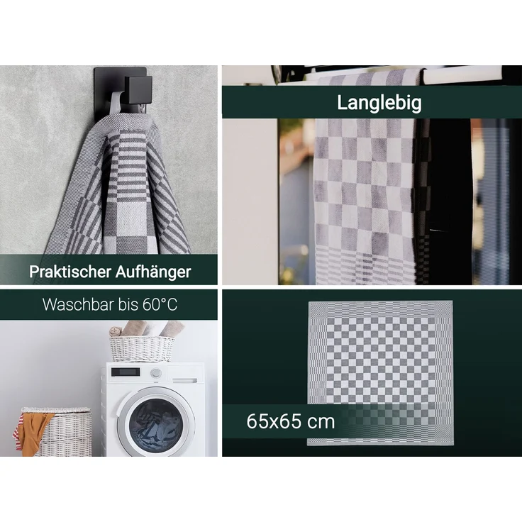 ZOLLNER 6er Set Geschirrtücher, 65x65 cm, 100% Baumwolle, grau kariert – Bild 2