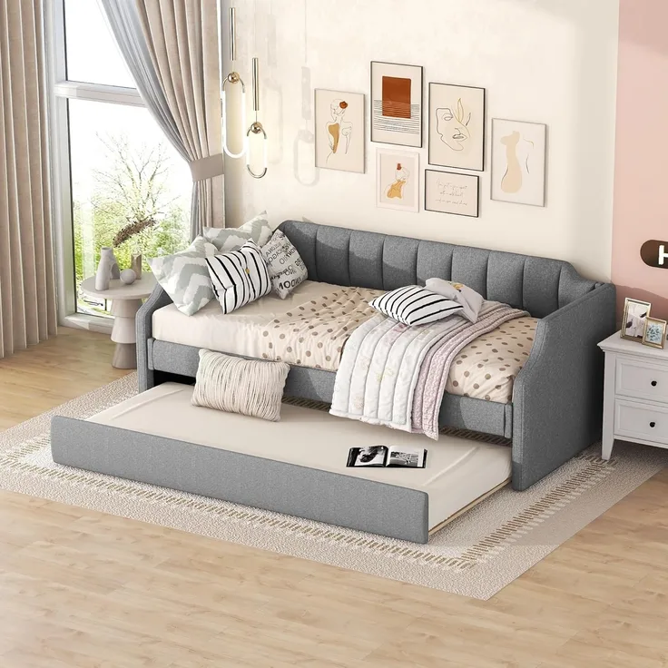 SOFTWEARY Schlafsofa mit Bettfunktion und Gästebett, inkl. Lattenrost, 90x200 cm/90x190 cm, Einzelbett, Jugendbett, Leinen