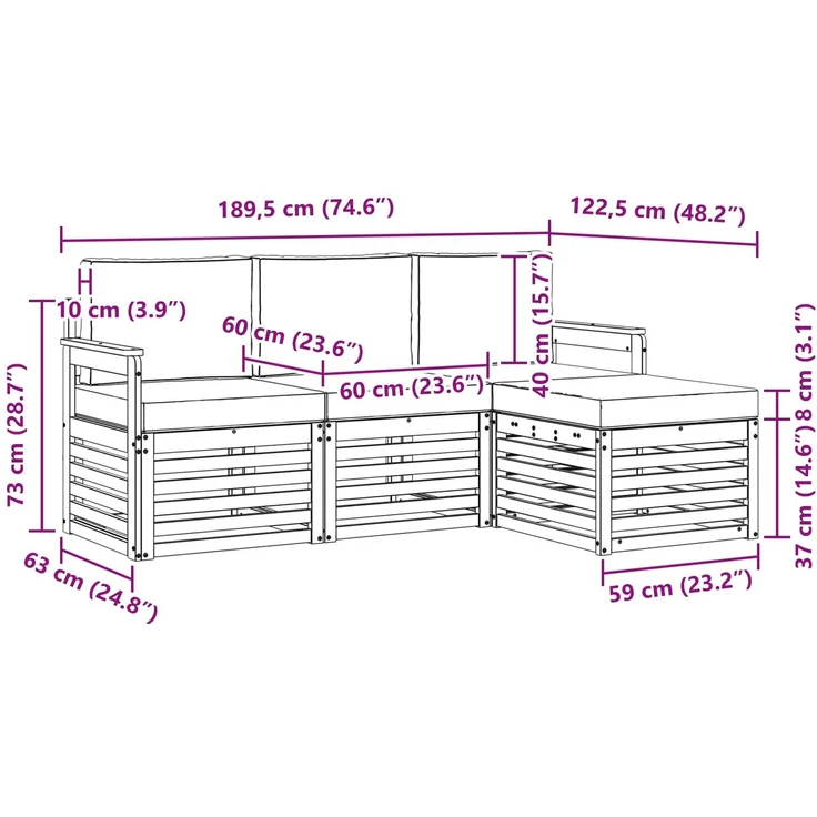 vidaXL Outdoor-Sofagarnitur 4 pcs Weiß und Creme 189,5 x 122,5 x 73 cm 3391620 – Bild 6
