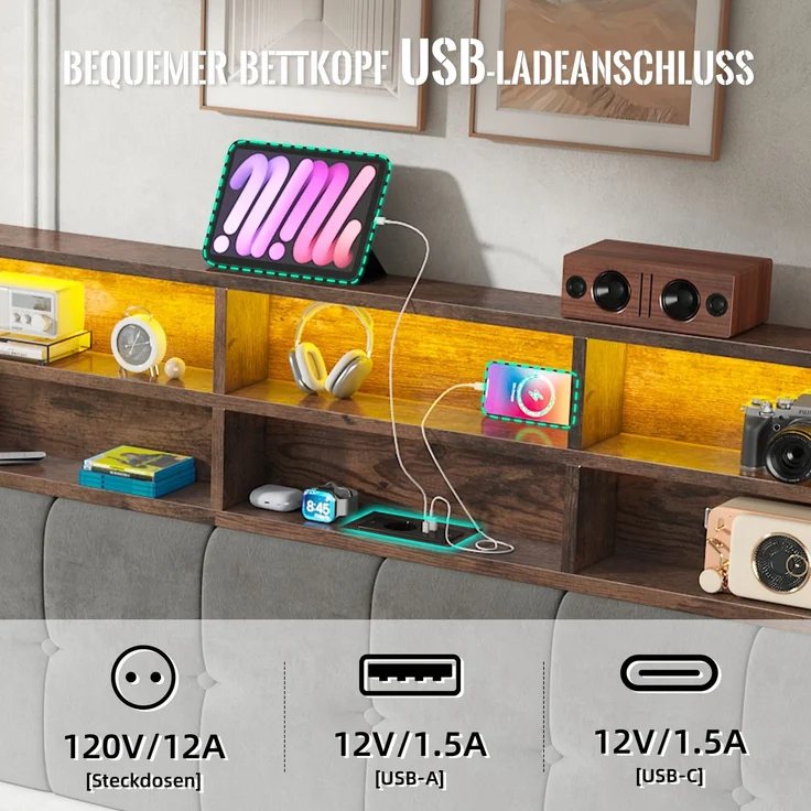 TavilaEcon Polsterbett mit Bettkasten und USB-C-Anschluss grau Liegefläche 160 × 200 cm – Bild 8