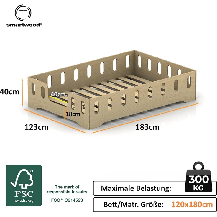 smartwood Kinderbett Bodenbett 120x180 mit Rausfallschutz & Lattenrost - Rosa - Kinder Montessori Bett TILA 2B mit glatten Kanten - Betten für schnelle Montage - Bis 300 kg belastbar – Bild 2