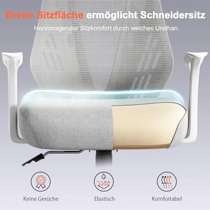 COMHOMA Ergonomischer Bürostuhl Schreibtischstuhl Gamingstuhl, mit Armlehnen, atmungsaktives Mesh, V-förmige Rückenlehne, verstellbar, Wippfunktion, Hochdichter Schaumstoffsitz, leise Rollen, grau – Bild 5