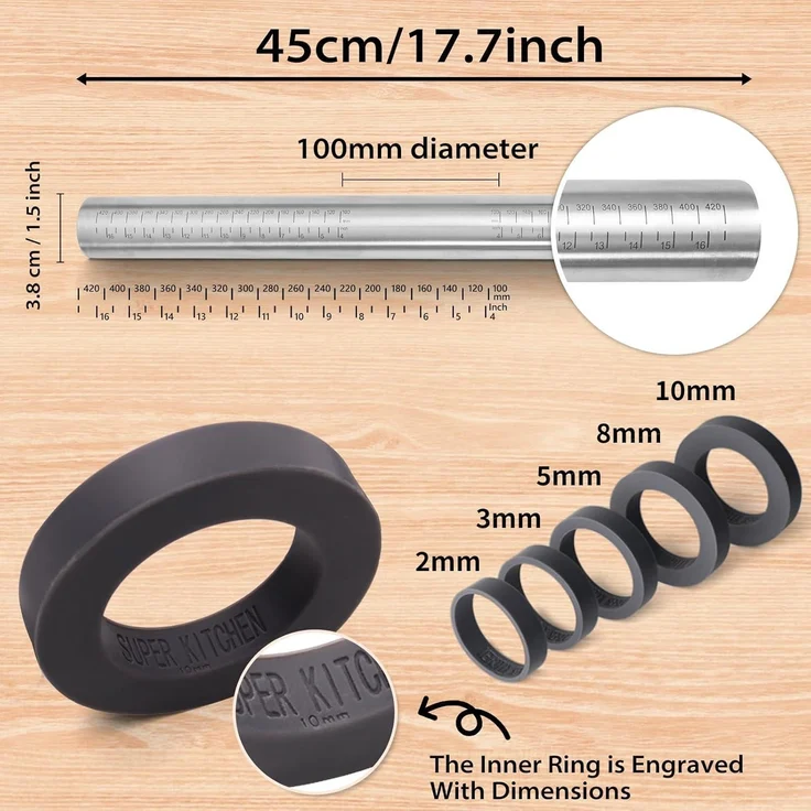 Edelstahl Teigroller Nudelholz Antihaft Silikonringe 5 Größen Backzubehör 45cm – Bild 2
