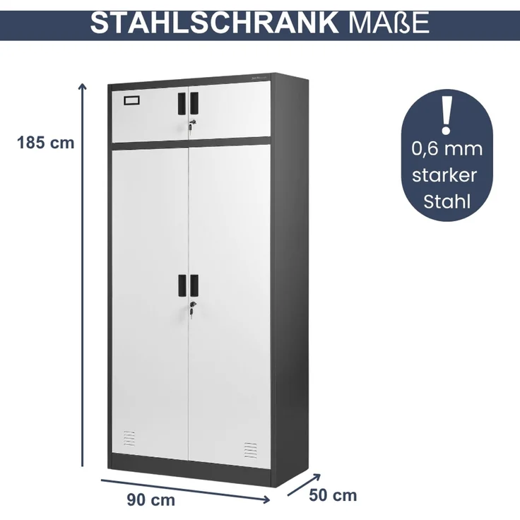 Mehrzweckschrank Metall mit Erweiterung GINA - 185 x 90 x 50 cm Anthrazit-Weiß | Büroschrank Spind Stahlschrank Archivschrank Aktenschrank Metallschrank – Bild 2