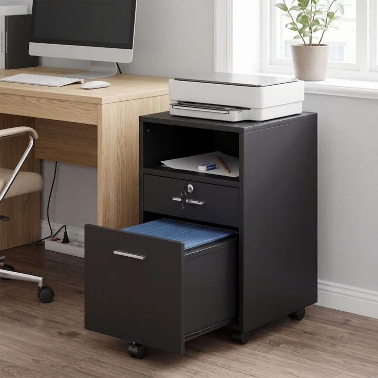 Büroschrank Rollcontainer, 2 Schubladen, eine Schublade abschließbar, 5 Rollen, Schwarz, 40 x 40 x 65 cm--Schwarz--40x40x65cm--YOUDENOVA – Bild 2
