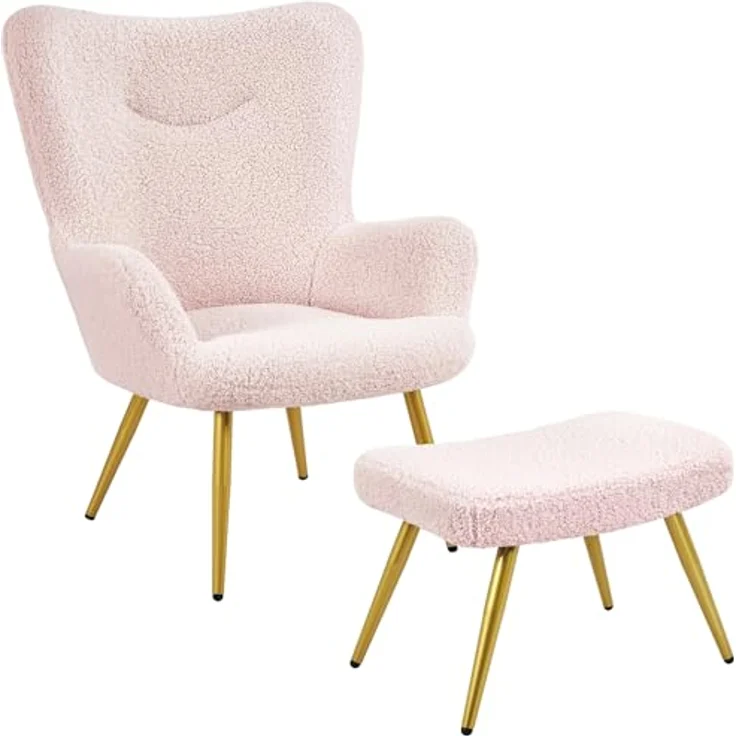 Yaheetech Ohrensessel mit Hocker Polyester-Bezug, Fernsehsessel Armlehnensessel Polstersessel Relaxsessel Cocktailsessel Teddy-Plüsch Stilvolles Design Rosa – Bild 2