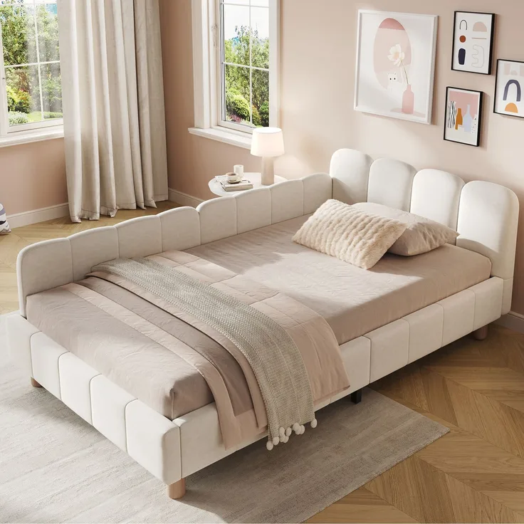 Merax Polsterbett, Einzelbett, Kinderbett 90x200 cm, Bett mit und gepolstertes Kopfteil und Rausfallschutz, Bettbeine aus Massivholz, Samt, beige