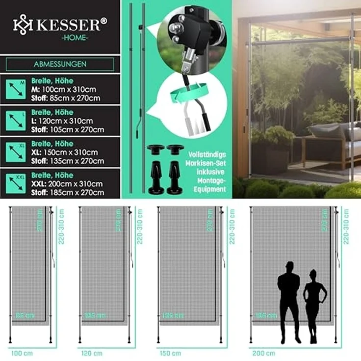 KESSER® Klemmmarkise Senkrechtmarkise außen Ausziehbar & Blickdicht | Vertikalmarkise mit Handkurbel ohne Bohren | Balkon-Sichtschutz & Windschutz für Garten & Terrasse Wasserfest 200 x 310 cm, Transparent / Anthrazit – Bild 7