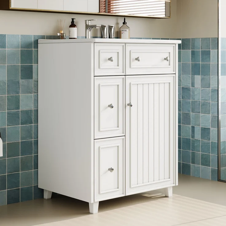 61×47×87cm, freistehender Badezimmerwaschtisch, lackierte Oberfläche, integriertes Keramikbecken, Soft-Close-Scharniere, eingebaute Regale in der Schranktür, runder Griff, hohes Fußdesign, weiß. – Bild 2