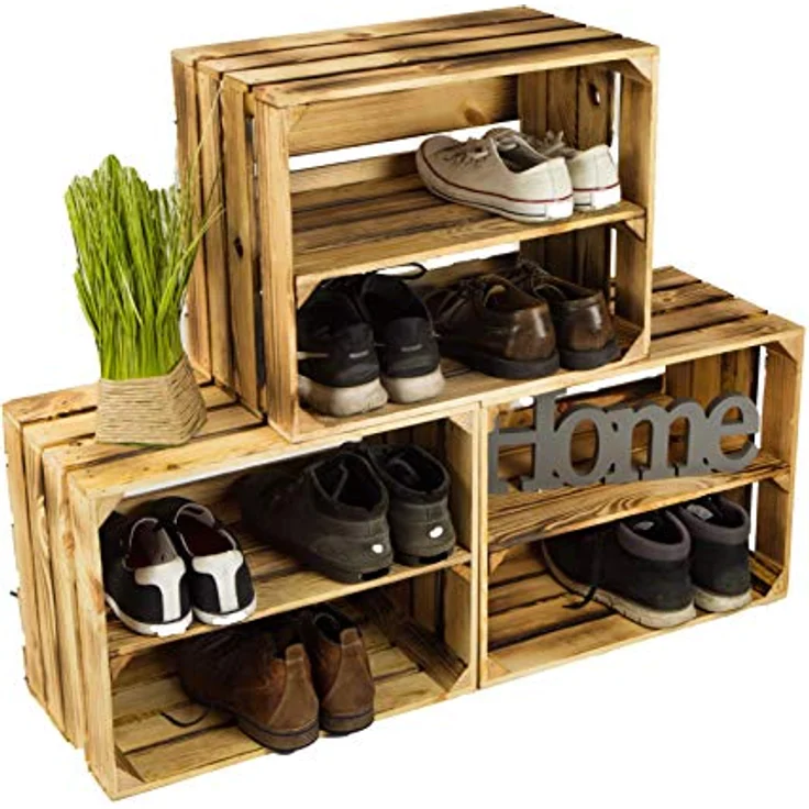 3 x Schuhschrank Schuhregal aus geflammten Holzkisten Schuhablage für 12 Paar Schuhe als Schuhständer Schuhaufbewahrung aus Holz Maße 50 x 30 x 40 cm (je Kiste) stabiles Regal in Obstkisten Optik – Bild 2