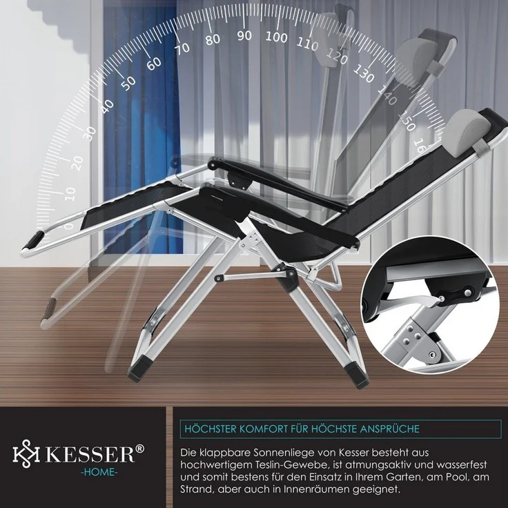 KESSER® Sonnenliege Liegestuhl Klappbar Mit Getränkehalter Gartenstuhl Mit Auflage Polster, Liegestuhl, Extra groß Gartenliege, Verstellbar Rückenlehne Garten Liege mit Kissen-Unterstützung Grau – Bild 2