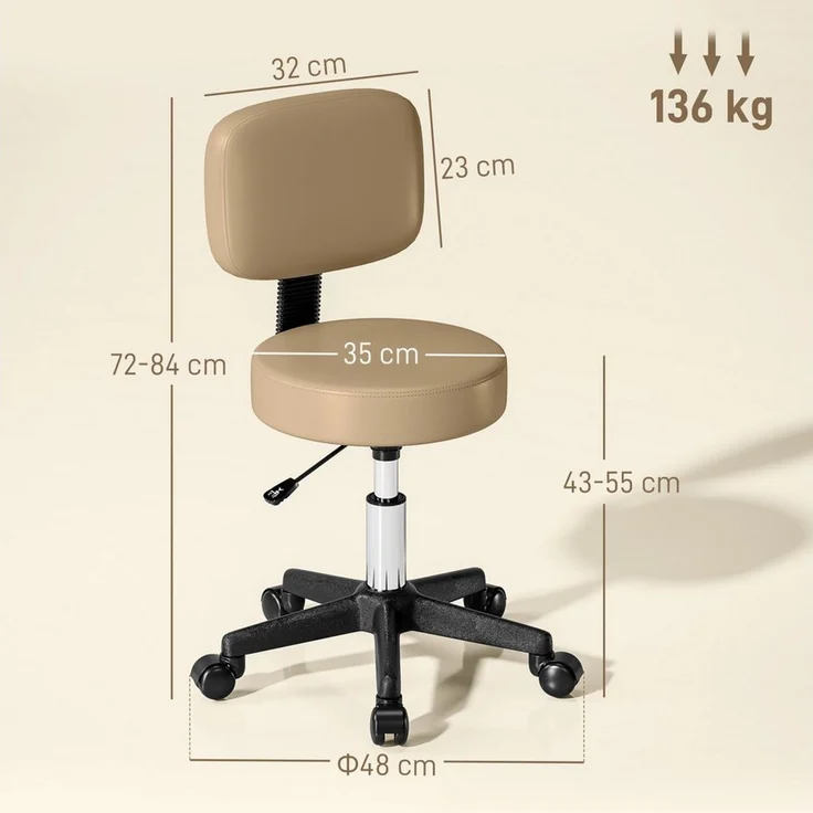 HOMCOM Drehhocker Rollhocker höhenverstellbar mit Rückenlehne (Bürohocker, 1 St, Arbeitshocker), für Büro Salon Massage Spa Hellbraun – Bild 3