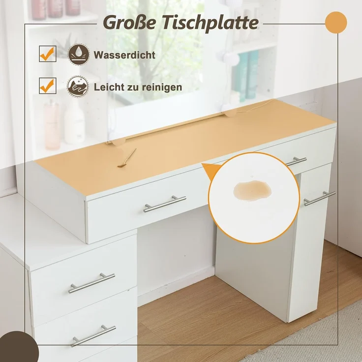 Thanaddo Schminktisch Schminktisch mit Schiebespiegel, 5 Schubladen und offenen Regalen (1 x Schminktisch, 1 x Hocker, 1 x Anleitung), 5 Schubladen, 4 offene Regale, großes Fassungsvermögen – Bild 4