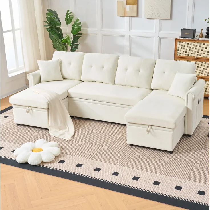 U-förmiges Ecksofa mit Schlaffunktion & Stauraum, 266x130x85 cm, Beige