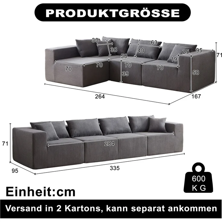 Modulares Ecksofa 264 x 167 x 71 cm in Grau – L-Form mit Cordbezug, 4-teilig – Bild 4
