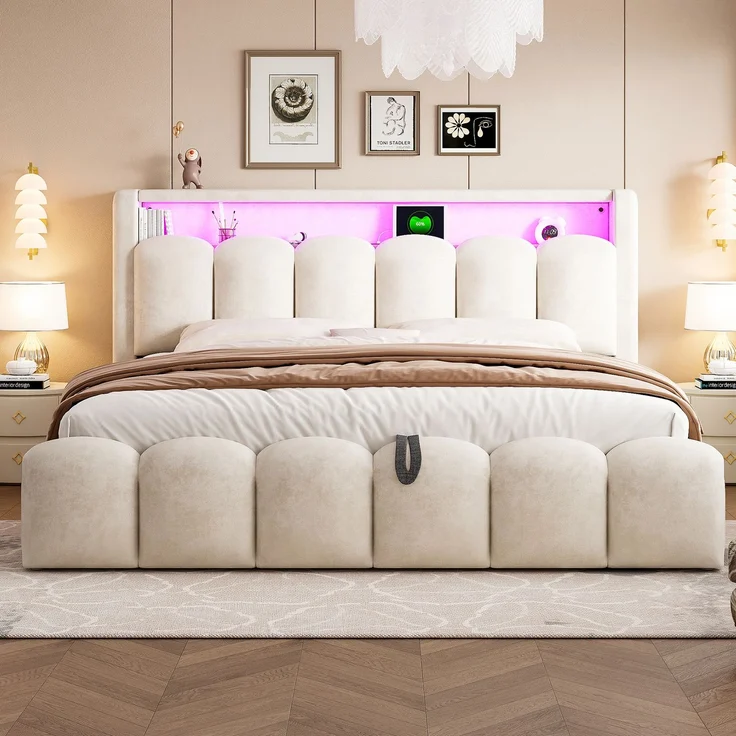 Polsterbett 180*200, Ausgestattet mit hydraulischer Staufunktionund Stauraum im Kopfteil, Doppelbett, Samtstoff,mit USB- und Typ-C-Anschlüssen, mit LED, weichem Samtstoff und Blütenblattdesign,Beige ( – Bild 2