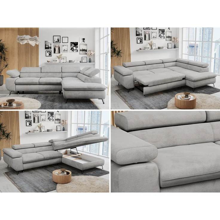Mks Möbel 'Peter L-form' Ecksofa mit Bettfunktion, Bettkasten & einstellbaren Kopfstützen, Hellgrau, Velours, mit Topper, rechts – Bild 2