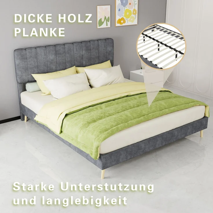 Novelux Modernes Polsterbett 160x200 cm mit weichem Kopfteil – Samtstoff Grau, Massivholz Bettrahmen, Minimalistisches Design ohne Matratze – Bild 4
