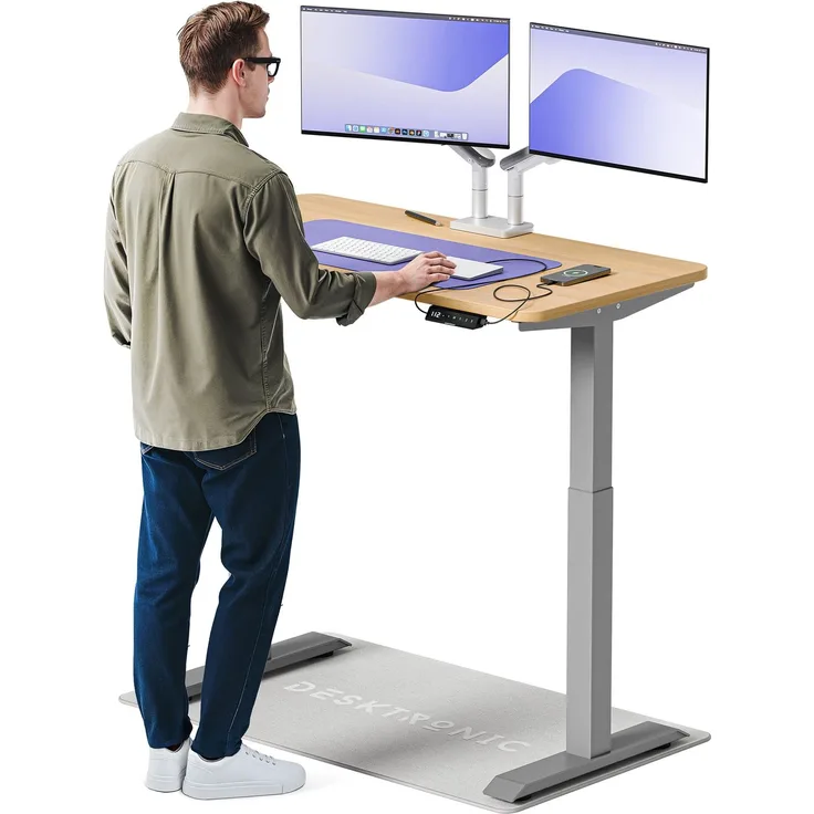 Desktronic HomeOne Elektrisch höhenverstellbarer Schreibtisch 120x60cm Grau/Eiche mit Memory-Funktion, Anti-Kollisions Technologie, USB-A und USB-C-Ladeanschlüssen