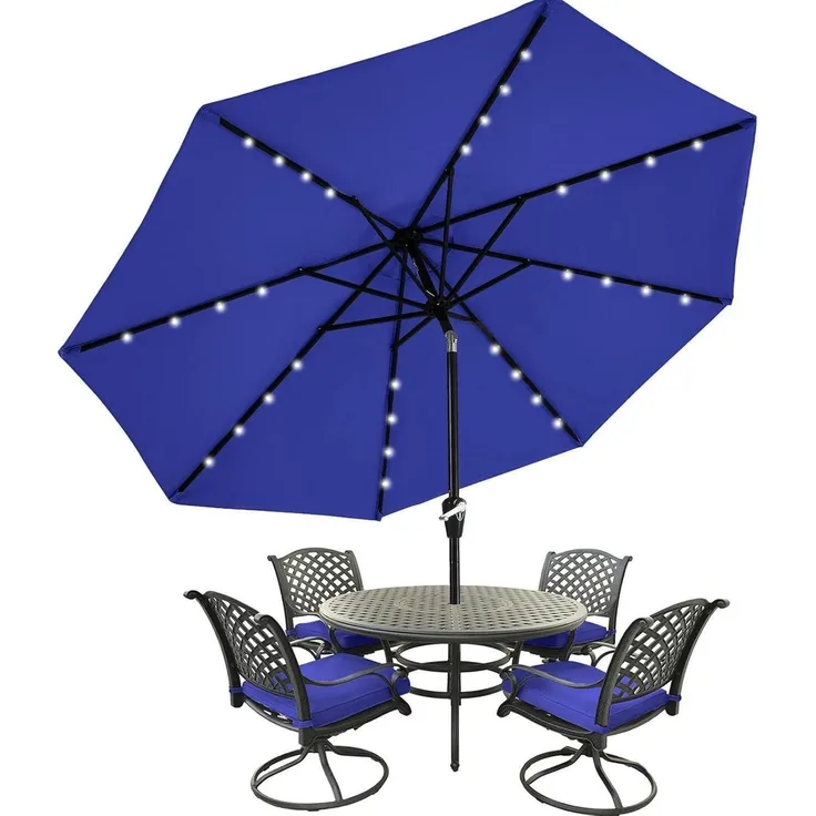 Sonnenschirm 270 cm mit Solar-LED, Gartenschirm Grau, 8 Rippen