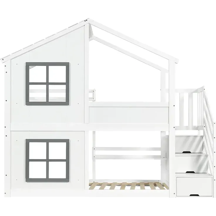 Etagenbett mit 2 Liegeflächen, Lattenrost, Regal, Treppe, Stauraum und Rausfallschutz, 90x200cm, Kinderbett, Jugendbett – Bild 7