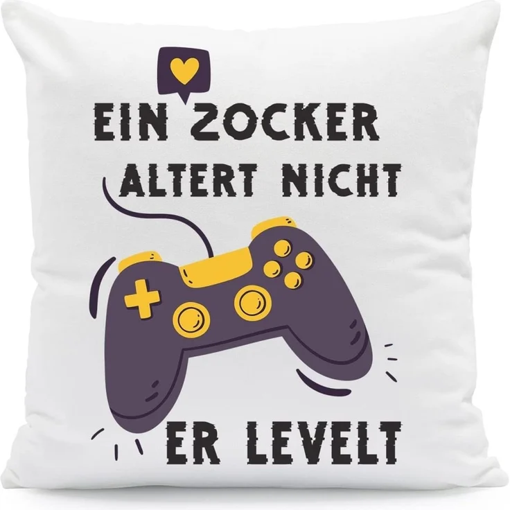 GRAVURZEILE Zierkissen mit Spruch - Ein Zocker altert nicht er levelt - Lustiges Geschenk -, starke Farben ohne verblassen, Maschinenwäsche geeignet - mit Füllung – Bild 1