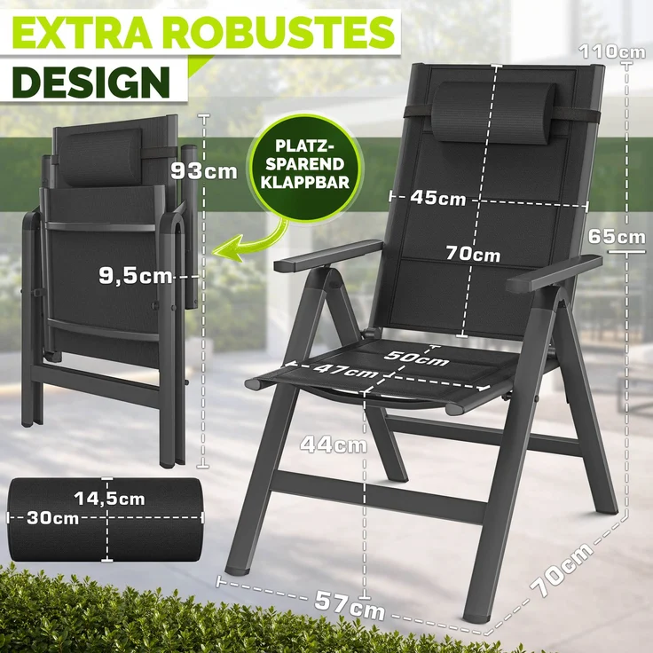 tillvex Gartenstuhl mit Polster Premium 1 Stück Anthrazit klappbar aus Aluminium | Hochlehner mit Armlehnen | Klappstuhl verstellbar | Klappsessel Balkon Garten Terrasse – Bild 2