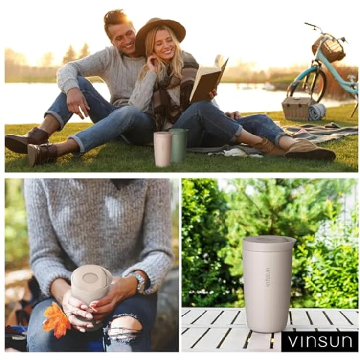 Vinsun Thermobecher Edelstahl Isolierbecher 350ml - Kaffeebecher to Go auslaufsicher, 2-tlg, Edelstahl, Doppelwandig, BPA frei, bruchfest, Einhandbedienung per Knopfdruck – Bild 10