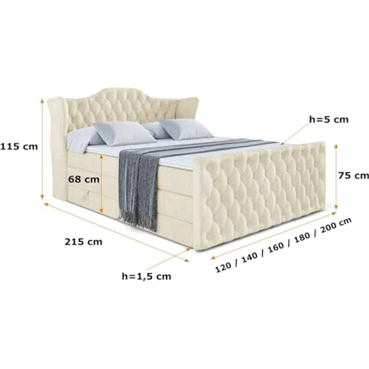 ALTDECOR VILA-Z KING Boxspringbett 180x200 cm, Beige Samt, 2 Matratzen (H3, H4), Topper, Bettkasten und Lattenrost, Polsterbett mit Stauraum – Bild 2