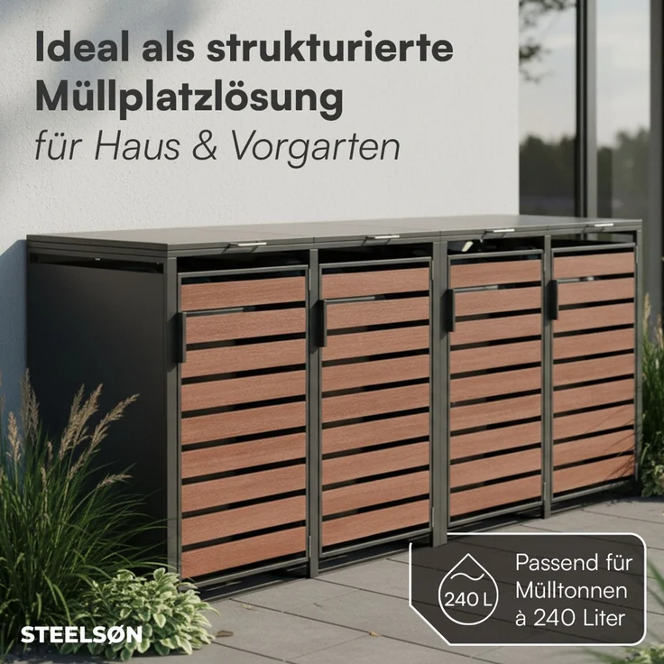 STEELSØN 'Kestra' Mülltonnenbox 4er je 240 Liter, graphitschwarz mit Nußbaum-Holzoptik, Mülltonnenverkleidung aus Stahl, wetterfest, 116x80x268 cm, Müllbox für 4 Tonnen – Bild 2