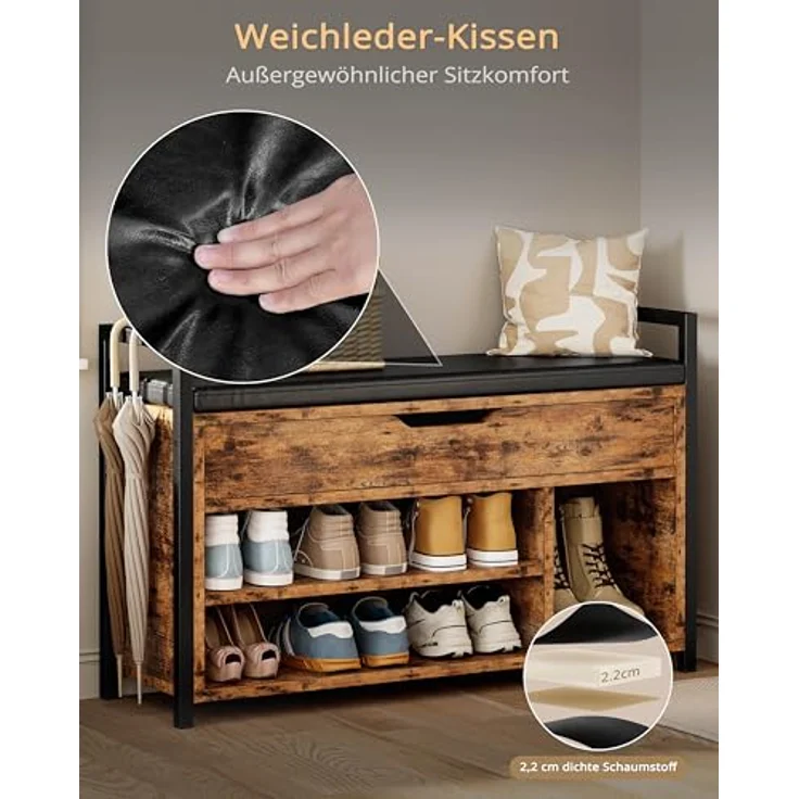 IRONCK Schuhbank mit Sitzfläche, Sitzbank mit Stauraum, Schuhschrank,100 x 30 x 62 cm, 3 offene Fächer, Kunstleder, 130kg belastbar, Schuhregal für Eingang,Flur,Wohnzimmer,Schlafzimmer (Vintagebraun) – Bild 5