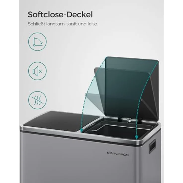 SONGMICS Mülleimer, 2 x 30 Liter, 2 Fächer, Mülltrennsystem, Treteimer, Abfalleimer Küche, 15 Müllsäcke, Metall, Inneneimer aus Kunststoff, Klappdeckel, Softclose, luftdicht, schiefergrau – Bild 7