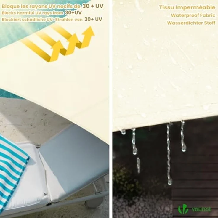 VOUNOT® Sonnensegel Rechteckig mit Befestigung Set, Wasserdicht Sonnenschutz Wetterbeständig, für Balkon Garten Terrasse, 3x5m, Beige – Bild 4