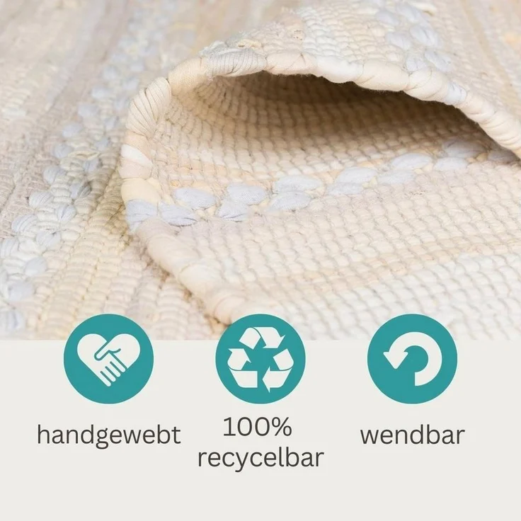 Wohnando Teppich MY-RUG Nandini, Chindi-Teppich 150x80cm, rechteckig, Höhe: 10 mm, aus recycelten Baumwollresten, handgewebt, wendbar, mit Fransen – Bild 3