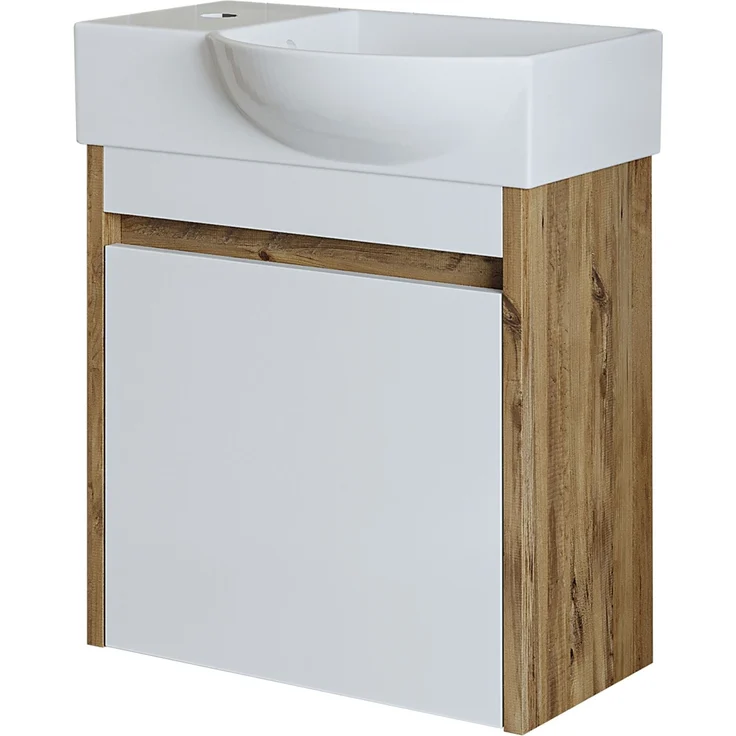Roomart LEO Badmöbel Set– 2-teiliges Badezimmermöbel Set - Waschbecken mit Unterschrank - H 45 x B 24.5 x T 46.5 cm • Weiß-Eiche – Bild 7