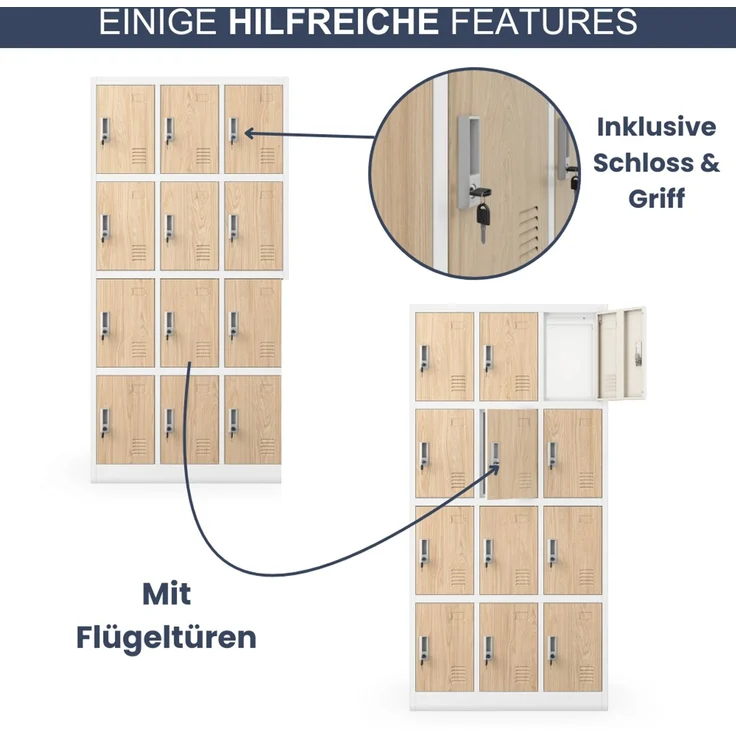 Schließfachschrank Spind BERN - 12 Fächer, Etikettenhalter Lüftungsschlitze | Wertfachschrank Umkleideschrank Metall Kleiderspind, 185x90x40cm Weiß-Sonoma Eiche – Bild 5
